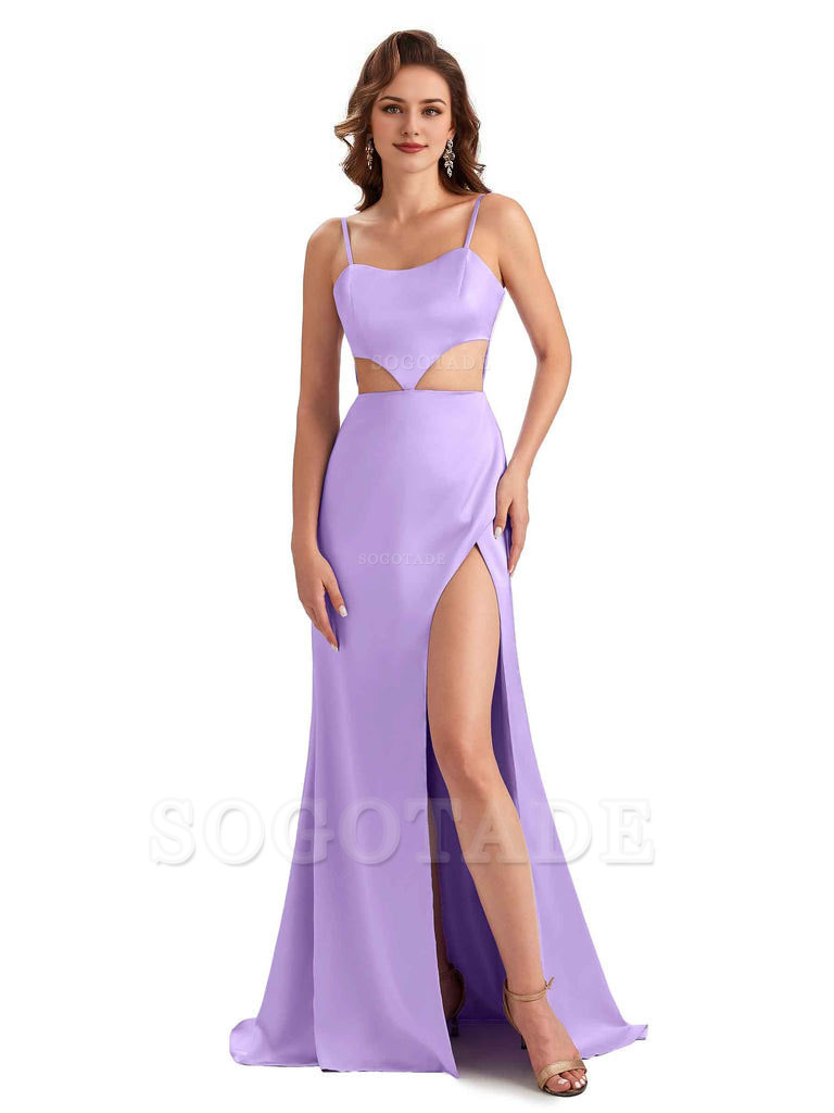 Sexy Satin Side Slit Spaghetti Straps Mermaid Long Unique Curve Wedding Guest Dresses