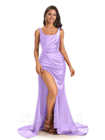 Mermaid Scoop Floor-Length Satin formal dresses evening gown Bridesmaid Dresses 