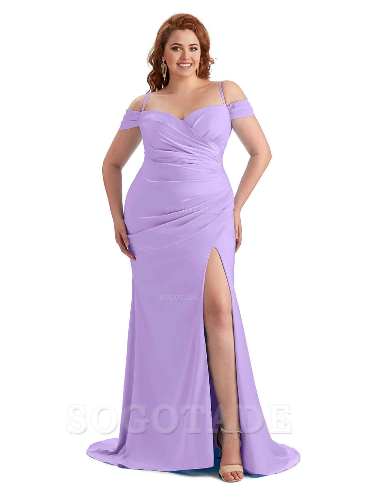 Sexy Side Slit Sleeveless Cold Shoulder Mermaid Soft Satin Long Plus Size Maid of Honor Dresses