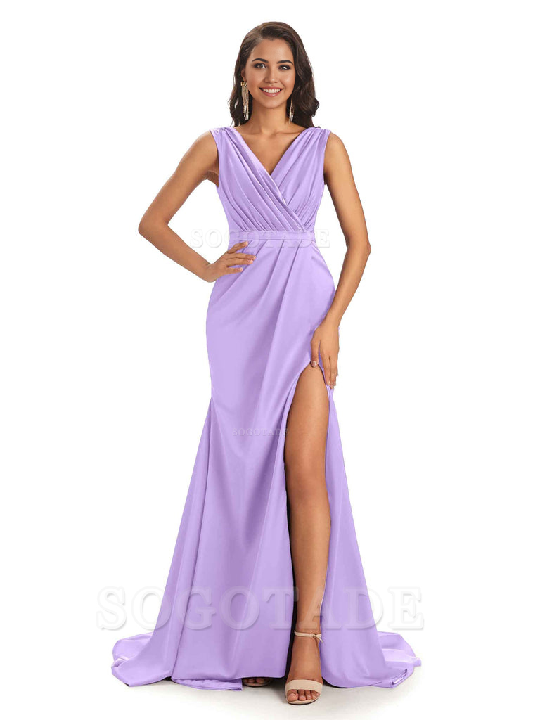 A-line V-neck Floor-Length Satin formal dresses evening gown Bridesmaid Dresses With Side Slit 
