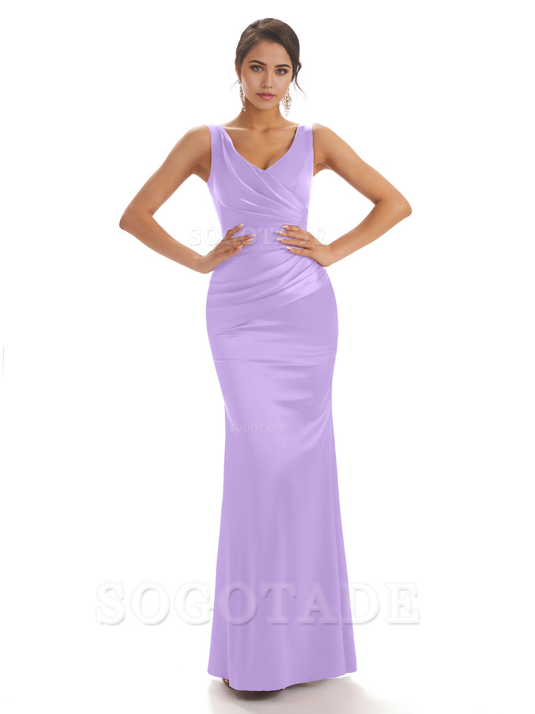 Sheath Sleeveless V-neck Floor-Length Satin formal dresses evening gown Bridesmaid Dresses With Pleats 