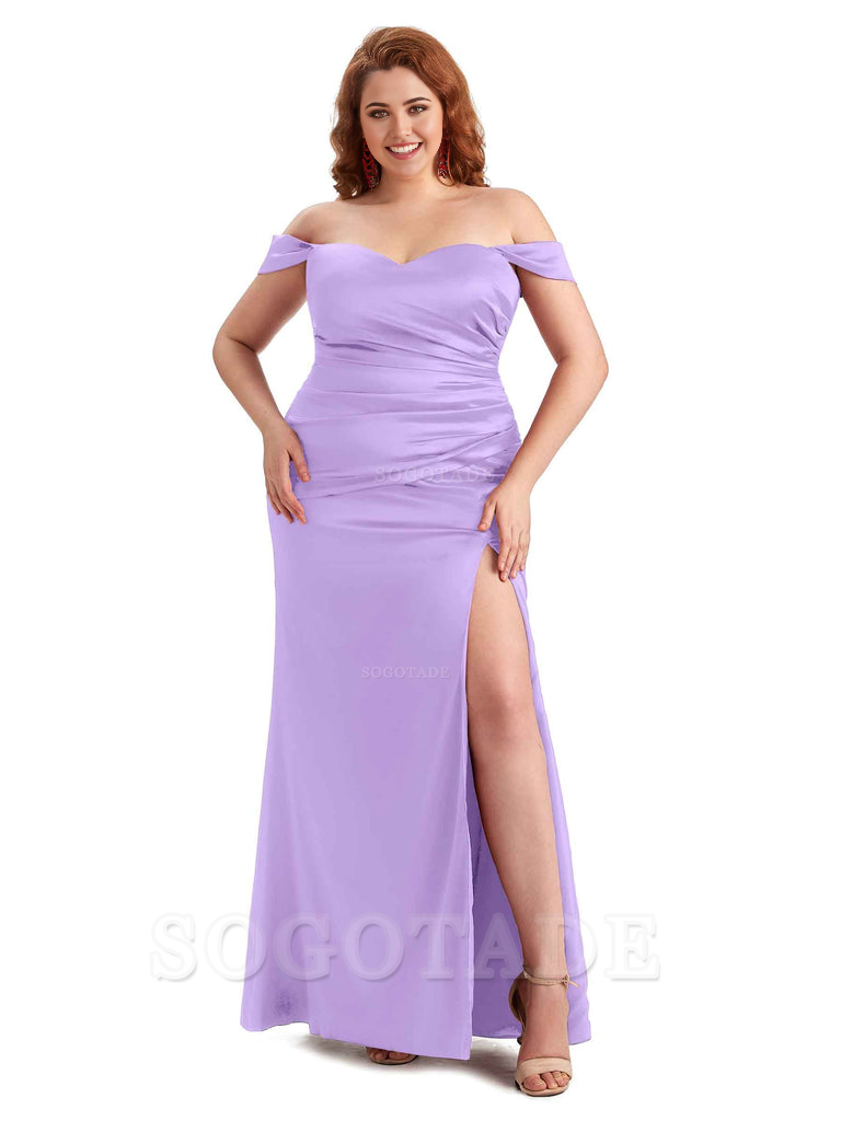 Sexy Off The Shoulder Sleeveless Side Slit Mermaid Soft Satin Long Plus Size Bridesmaid Dresses
