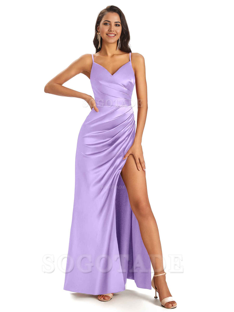Sheath V-Neck Spaghetti Straps formal dresses evening gown Bridesmaid Dresses With Side Slit 