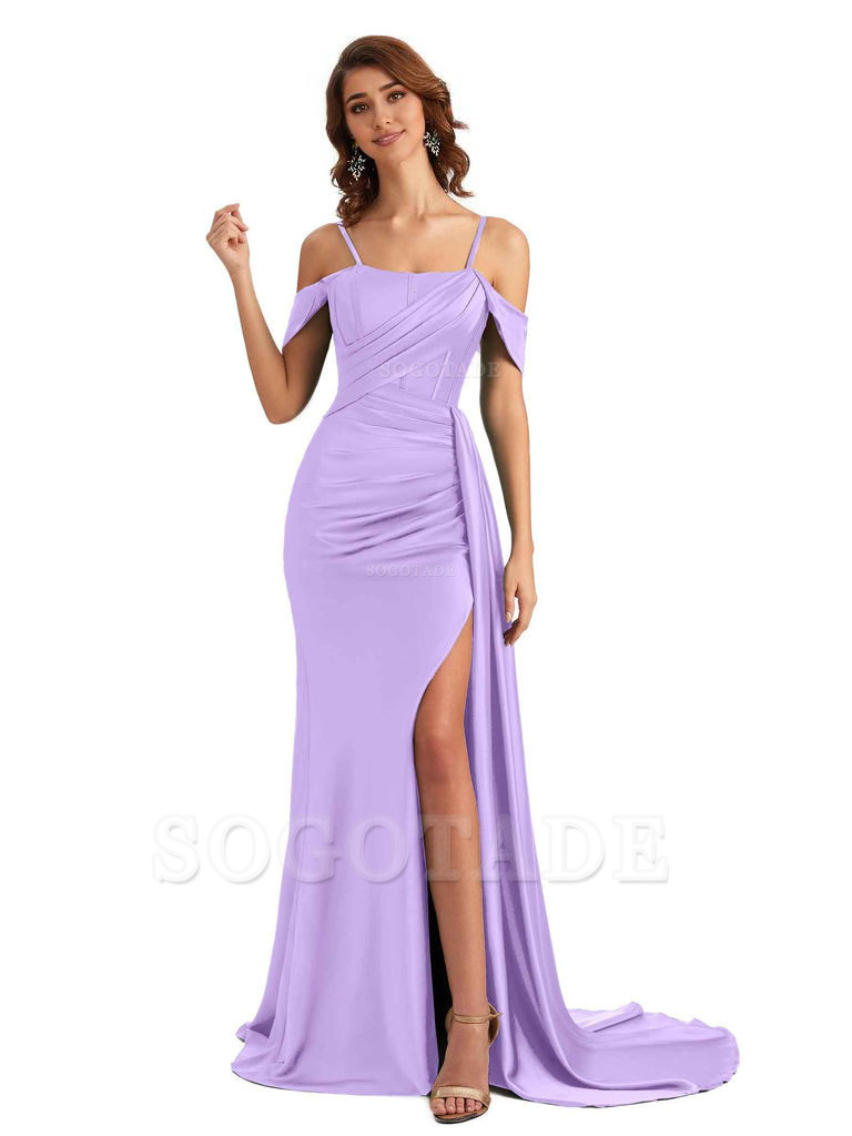 Sexy Side Slit Cold Shoulder Mermaid Satin Chic Long Wedding Guest Dresses