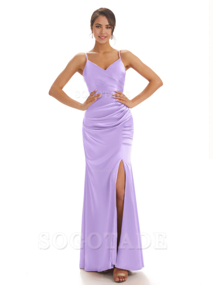 Spaghetti Straps Pleats Satin formal dresses evening gown Bridesmaid Dresses With Side Slit 