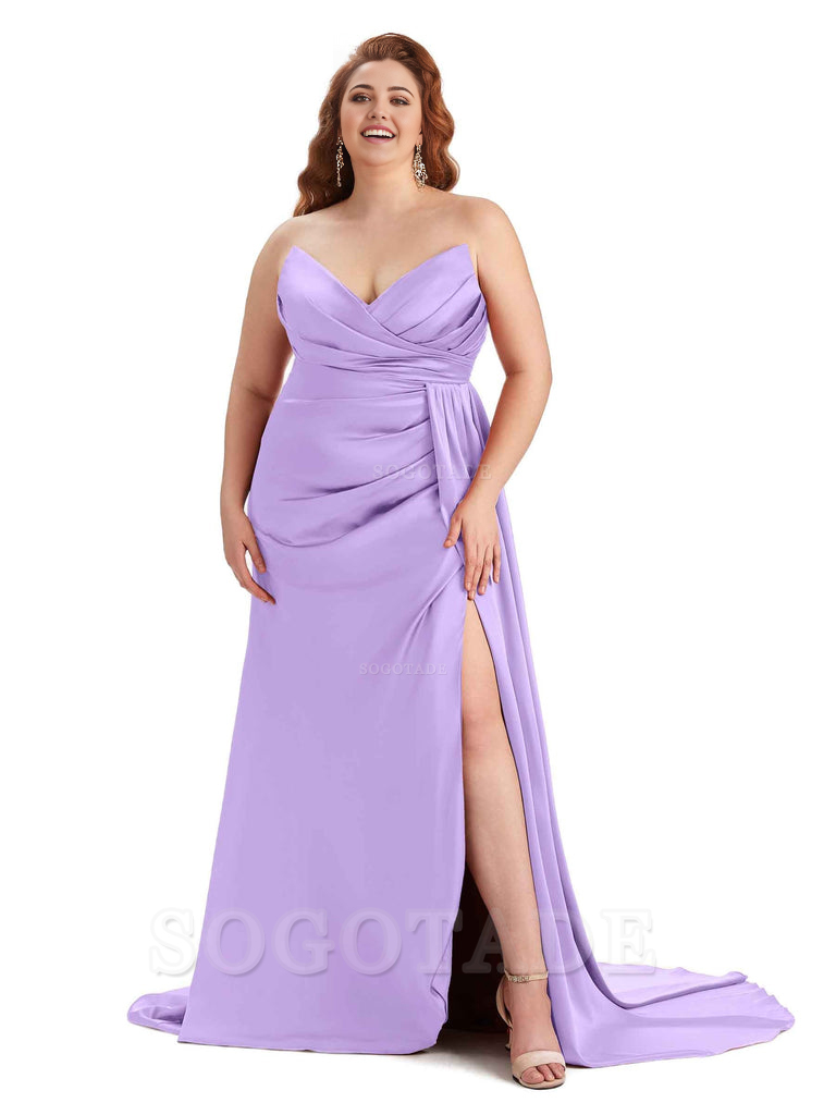 Sexy V-neck Side Slit Sleeveless Mermaid Soft Satin Long Plus Size Bridesmaid Gowns