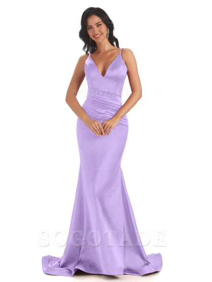 Mermaid Spaghetti V-Neck Straps Satin Long formal dresses evening gown Bridesmaid Dresses With Side Slit 