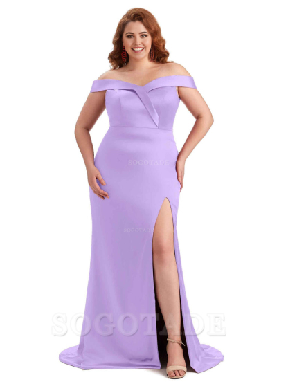 Elegant Off The Shoulder Sleeveless Side Slit Mermaid Soft Satin Long Plus Size Bridesmaid Gowns
