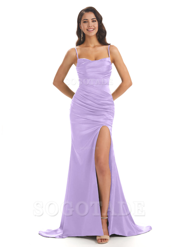 Mermaid Spaghetti Straps Satin Side Slit formal dresses evening gown Bridesmaid Dresses
