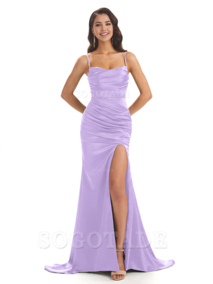 Mermaid Spaghetti Straps Satin Side Slit formal dresses evening gown Bridesmaid Dresses