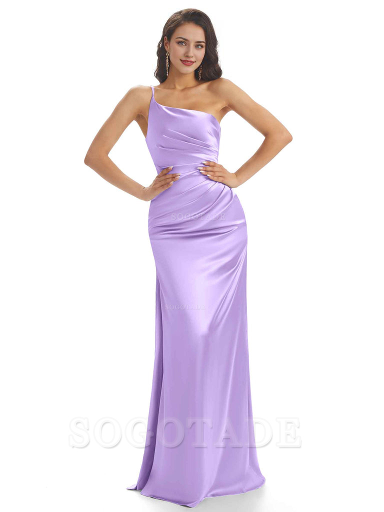 Sexy Soft Satin One Shoulder Side Slit Mermaid Long Bridesmaid Dresses prom dress shop ﻿