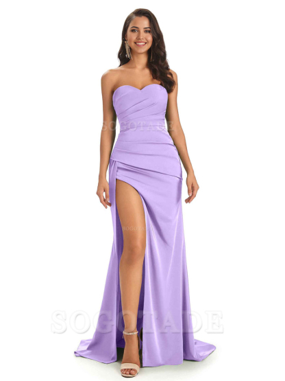 Mermaid Strapless Sweetheart Satin Long formal dresses evening gown Bridesmaid Dresses With Side Slit 