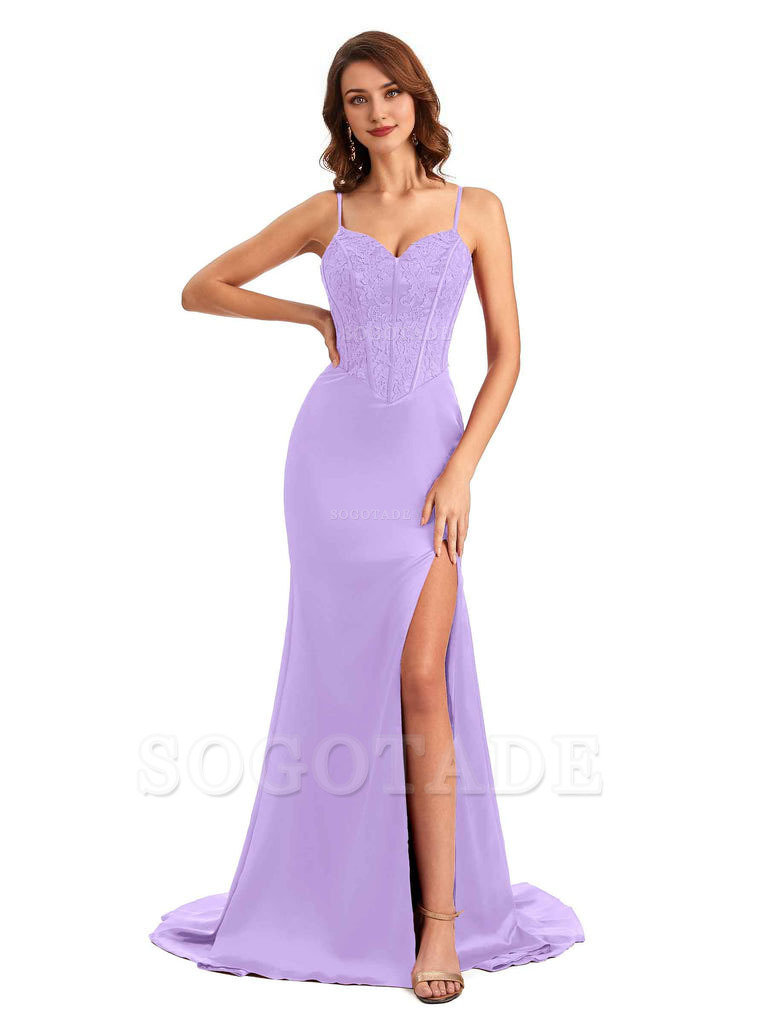 Sexy Side Slit Mermaid Silky Satin V-Neck Lace Unique Long Bridesmaid Dresses
