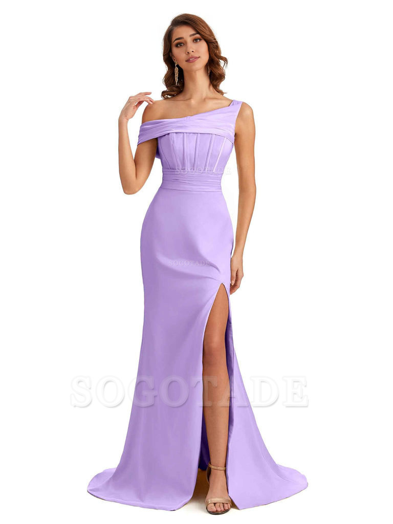 Elegant Asymmetrical Neck Soft Satin Side Slit Long Mermaid Bridesmaid Dresses