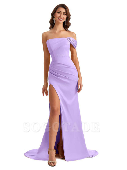 Unique One Shoulder Side Slit Satin Long Formal Dresses For Bridesmaid Dresses