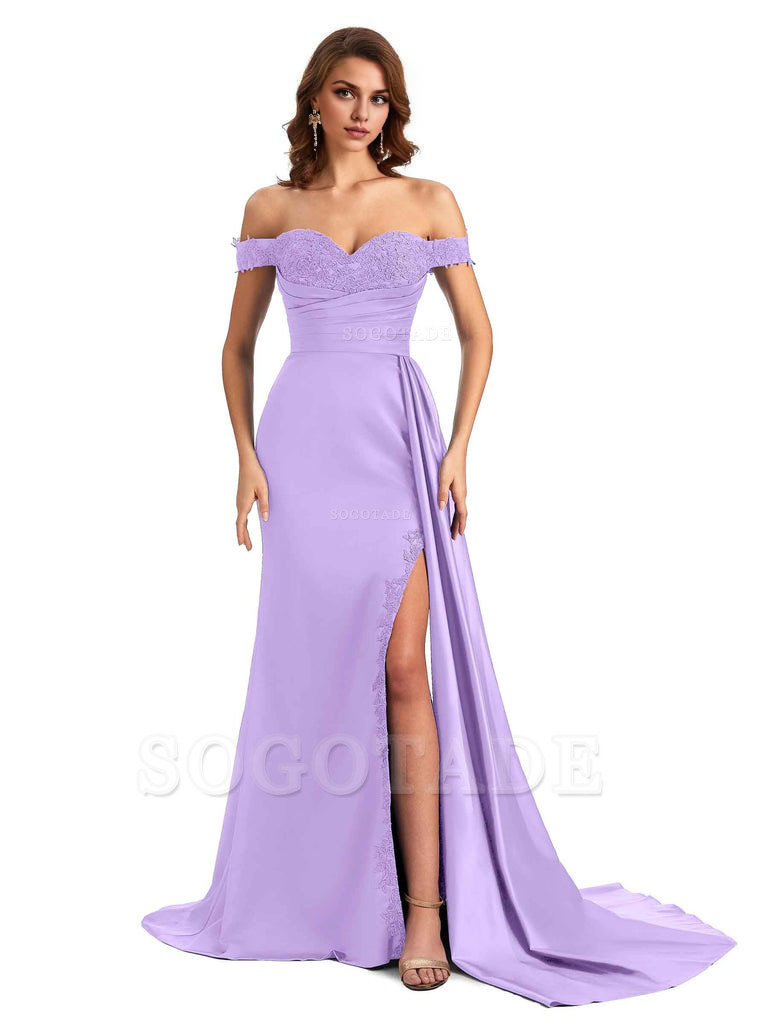 Sexy Off The Shoulder Mermaid Side Slit Silky Satin Long Bridesmaid Dress For Wedding
