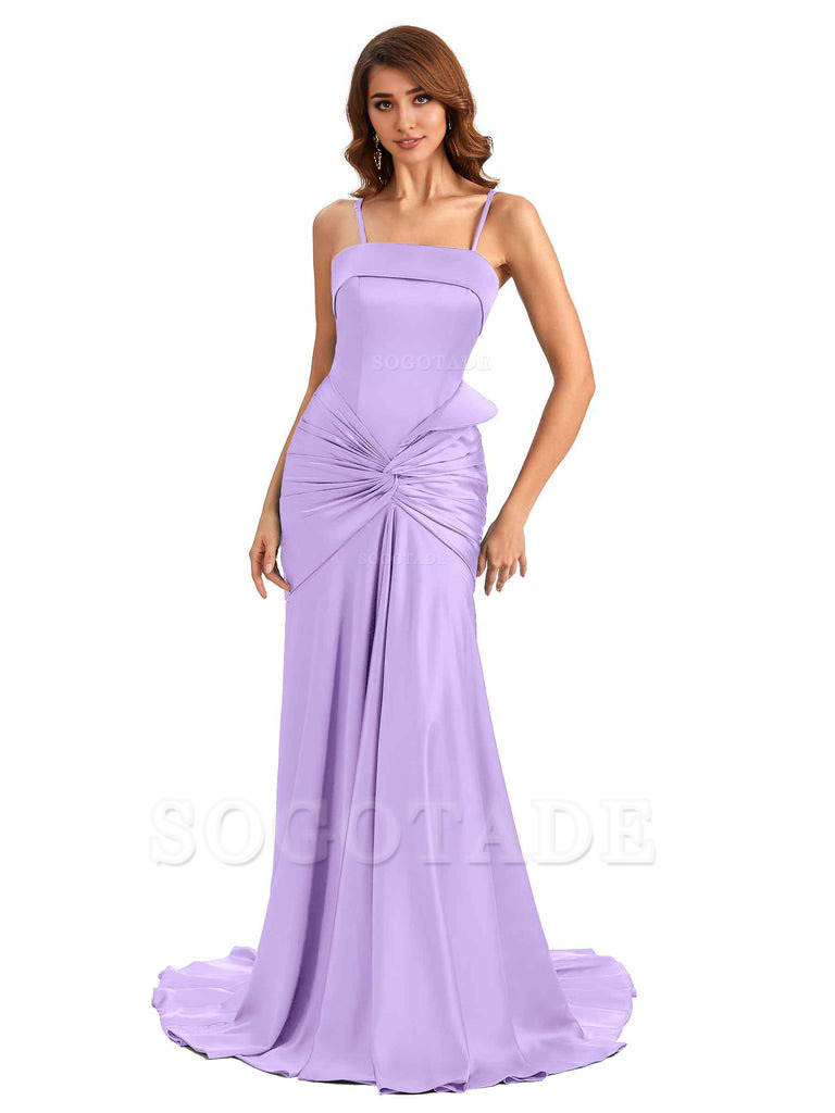 Sexy Mermaid Spaghetti Straps Silky Satin Unique Long Bridesmaid Dress For Wedding