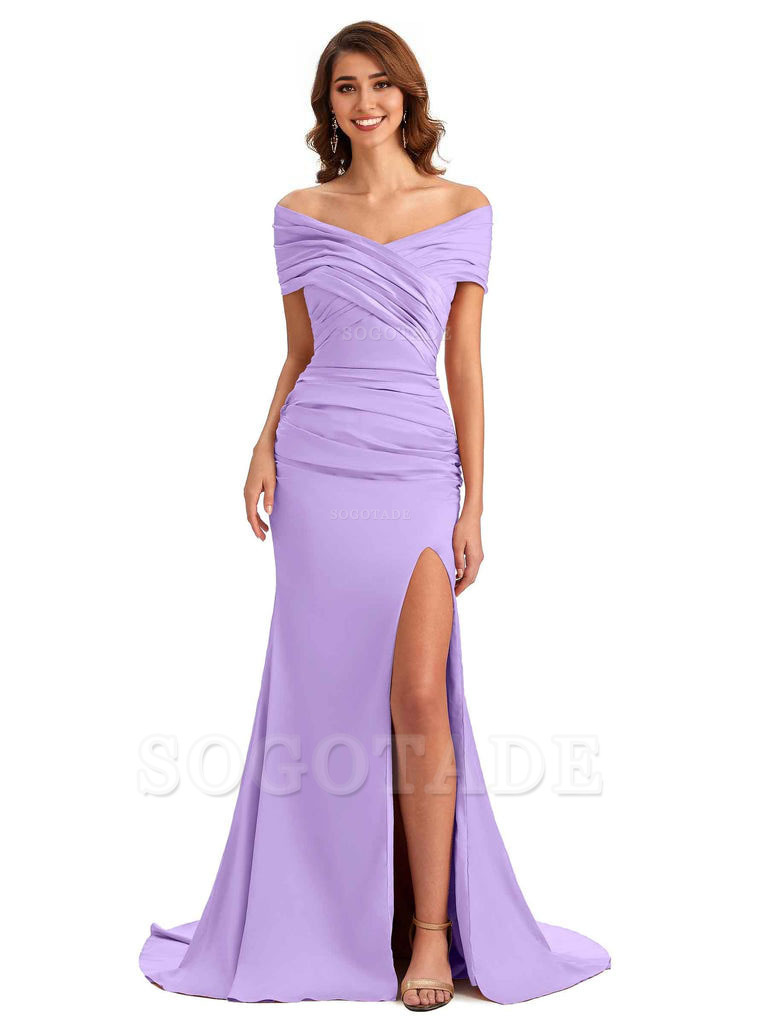 Sexy Off The Shoulder Side Slit Mermaid Satin Unique Long Formal Wedding Guest Dresses