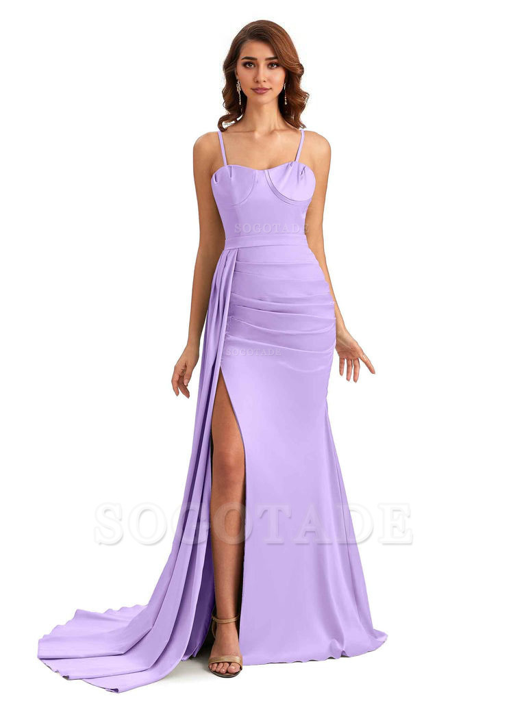 Sexy Spaghetti Straps Side Slit Mermaid Unique Long Bridesmaid Dresses In Satin