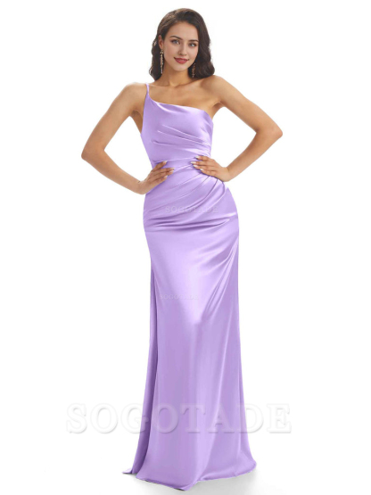 Sexy Soft Satin One Shoulder Side Slit Mermaid Long Bridesmaid Dresses prom dress shop ﻿