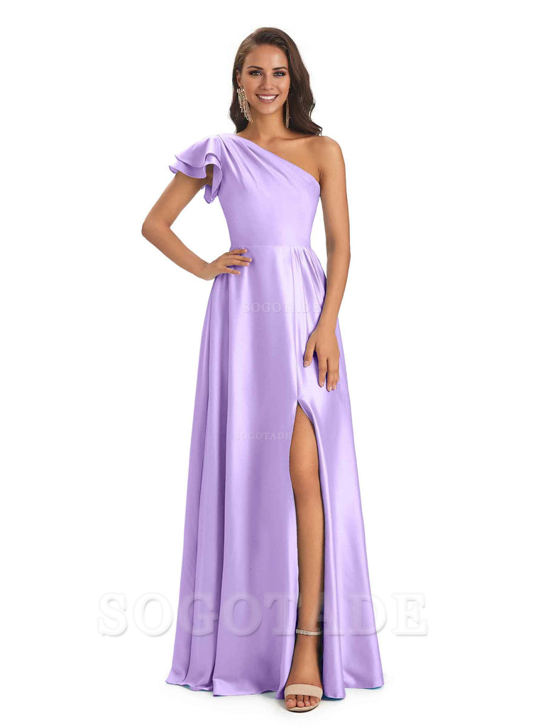 A-Line One Shoulder Ladies Long Bridesmaid Dresses Soft Satin Side Slit Elegant Evening Party Dress