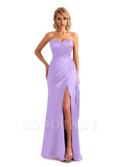 Sexy Side Slit Strapless Mermaid Soft Satin Unique Long Bridesmaid Dress For Wedding