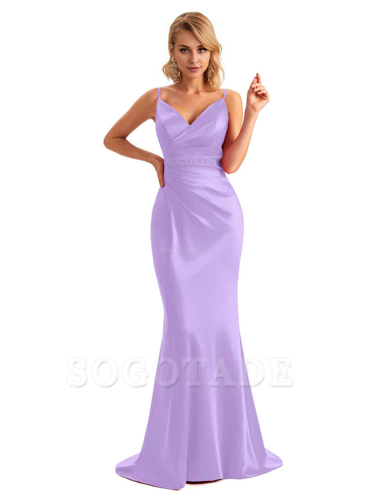  Sexy Backless Mermaid Spaghetti Straps Unique Long Formal Satin Dress For Women