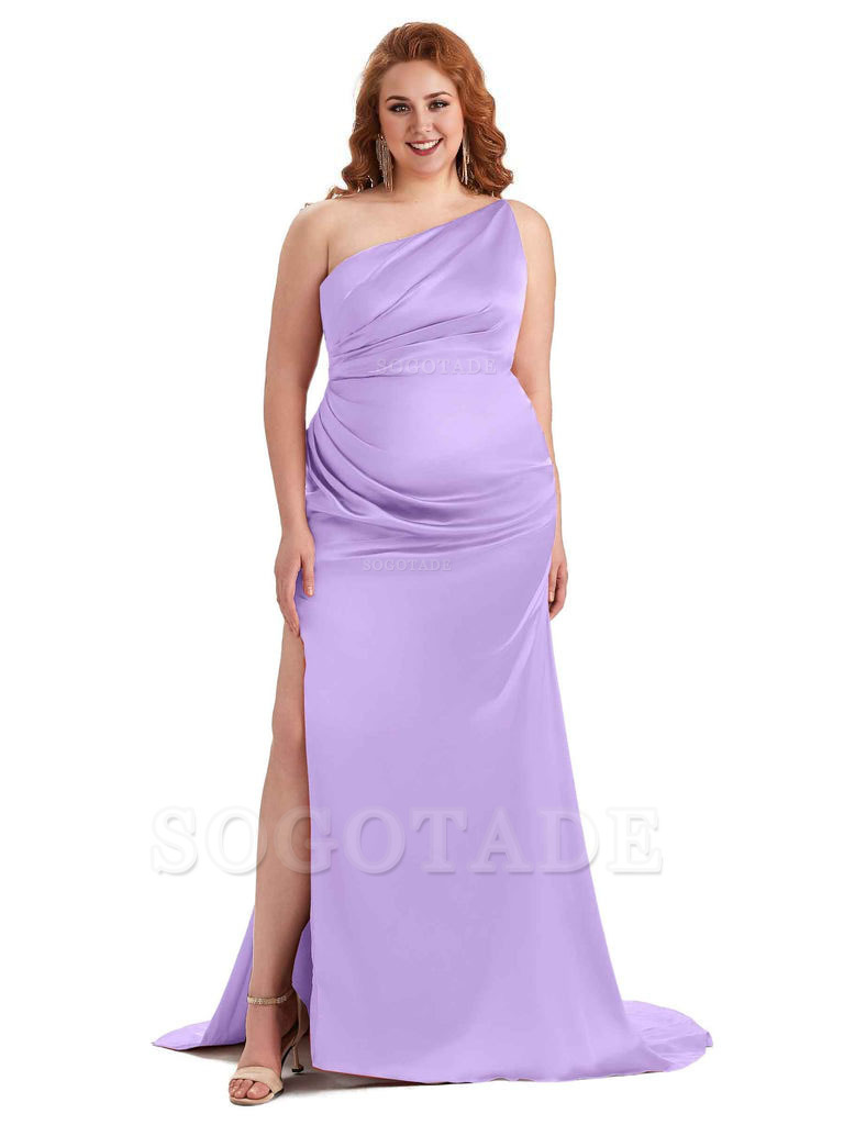 Sexy One Shoulder Side Slit Mermaid Soft Satin Long Plus Size Bridesmaid Dress For Wedding