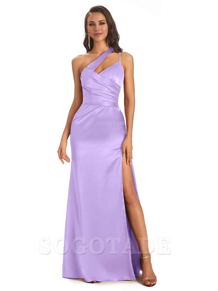 Elegant Soft Satin Side Slit One Shoulder Floor-Length Maxi Bridesmaid Dresses Evening Party Dress