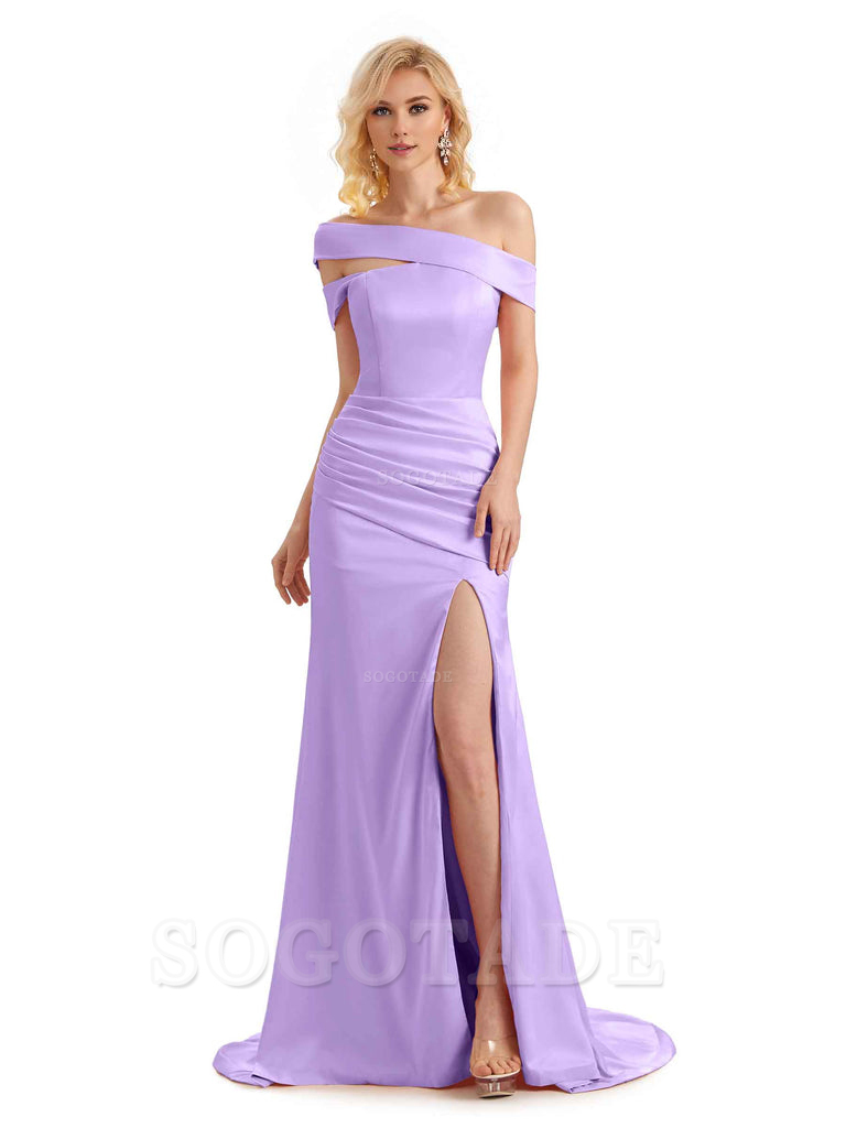 Elegant Asymmetrical Unique Soft Satin Side Slit Long Mermaid Bridesmaid Dresses Charming Evening Party Dress