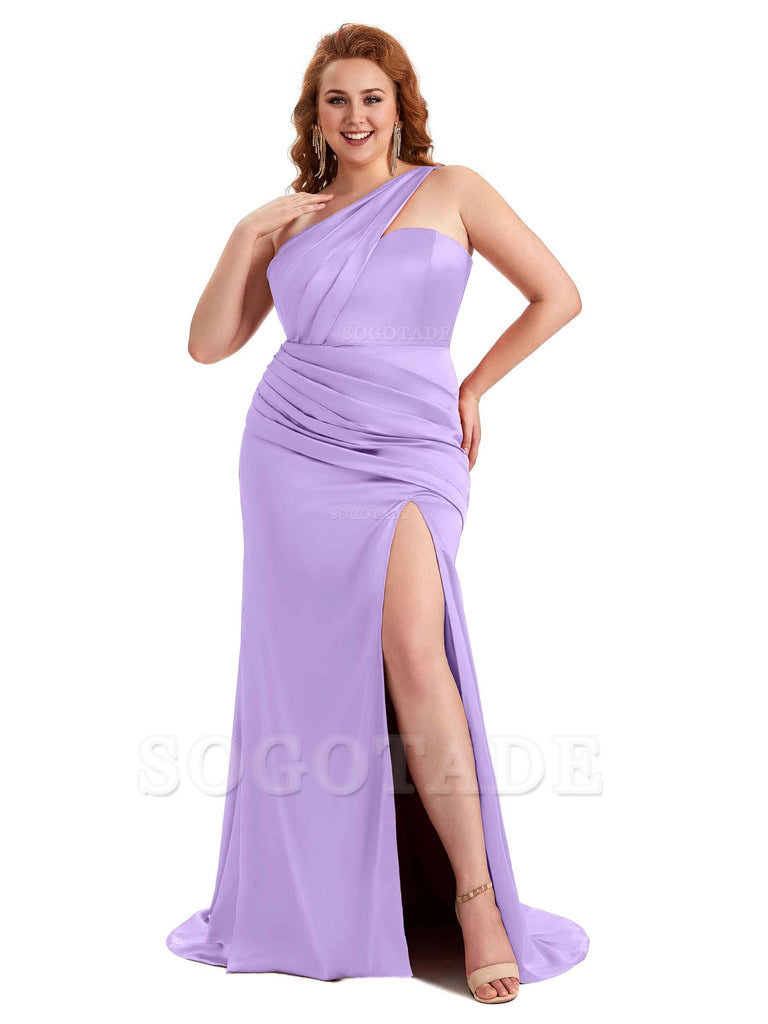 Sexy Side Slit One Shoulder Mermaid Soft Satin Long Plus Size Matron of Honor Dress For Wedding