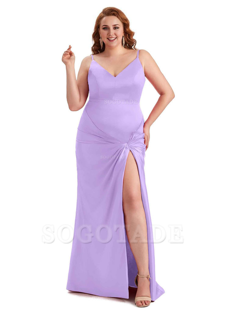 Sexy Spaghetti Straps V-neck Side Slit Mermaid Soft Satin Long Plus Size Bridesmaid Dress