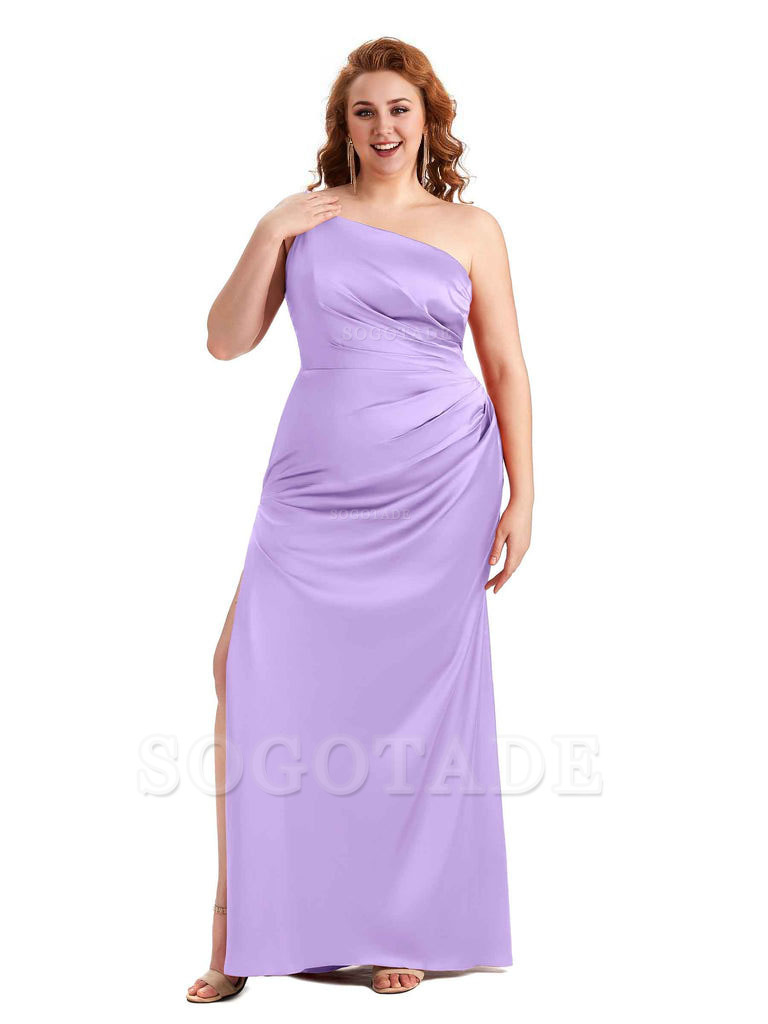 Sexy Side Slit One Shoulder Mermaid Soft Satin Long Plus Size Maid of Honour Dresses