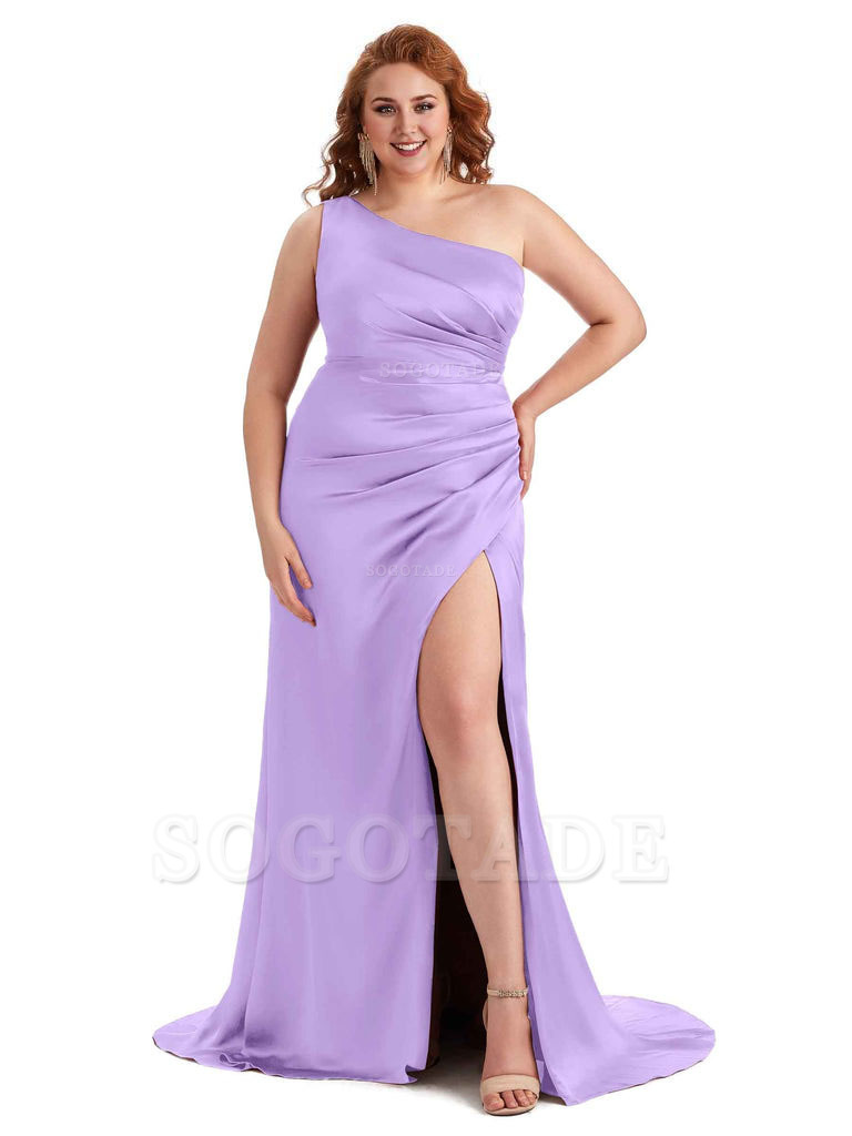Sexy One Shoulder Side Slit Mermaid Soft Satin Long Plus Size Maid of Honor Dress For Wedding