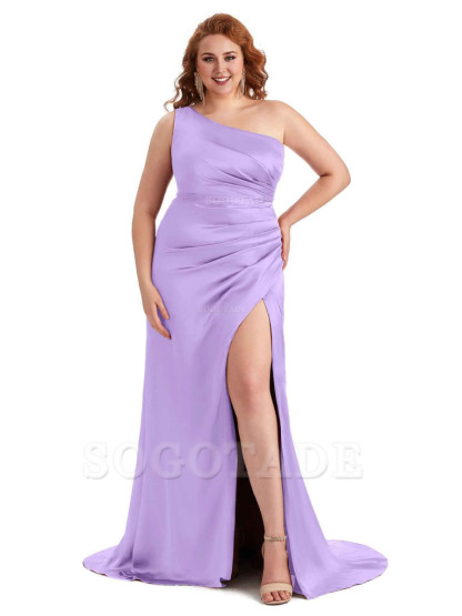Sexy One Shoulder Side Slit Mermaid Soft Satin Long Plus Size Maid of Honor Dress For Wedding