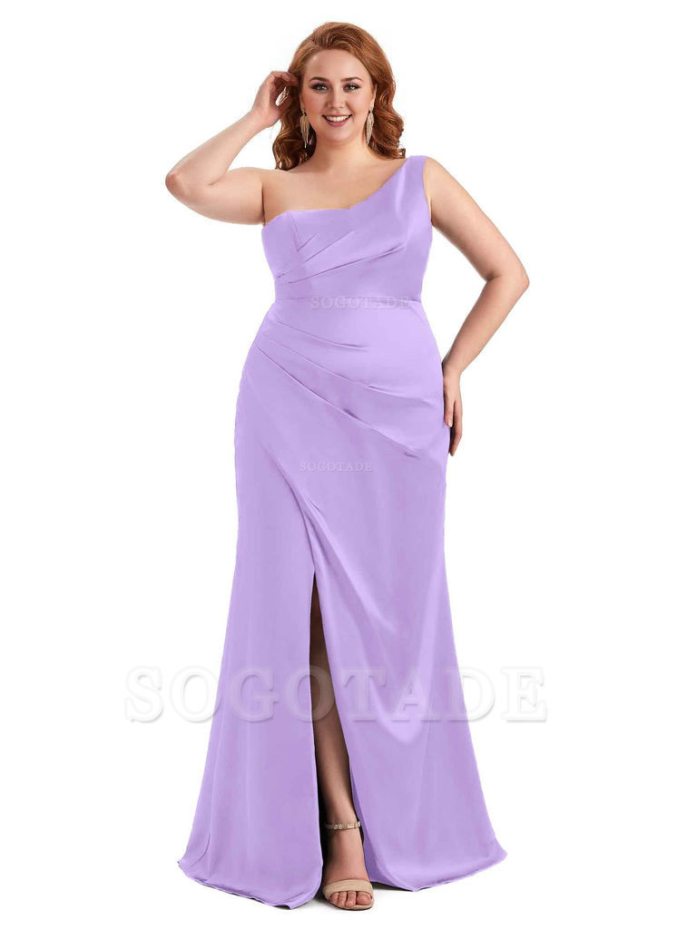 Sexy Side Slit One Shoulder Mermaid Long Plus Size Satin Maxi Dresses