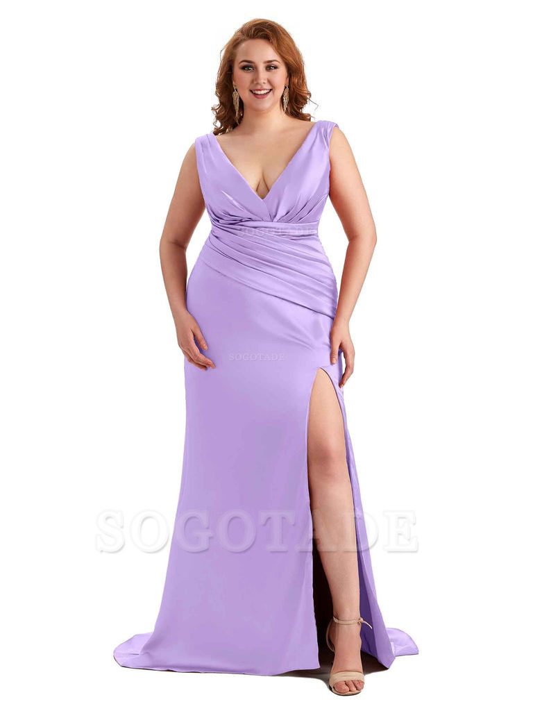 Elegant V-neck Side Slit Mermaid Soft Satin Long Plus Size Bridesmaid Dress For Wedding