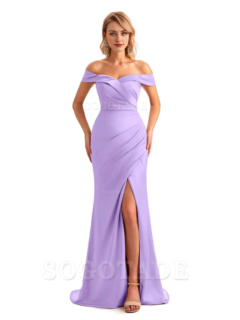 Off Shoulder Side Slit Mermaid Silky Satin Unique Long Formal Wedding Guest Dresses Online