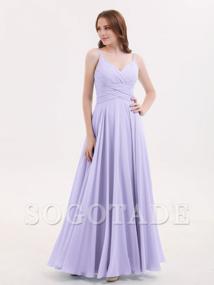 V-neck Fine Shoulder Strap Floor Length Chiffon Bridesmaid Dresses Online
