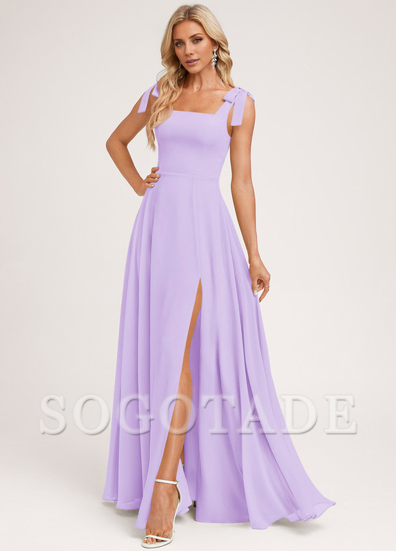 A-shaped square bow landing chiffon bridesmaid dress