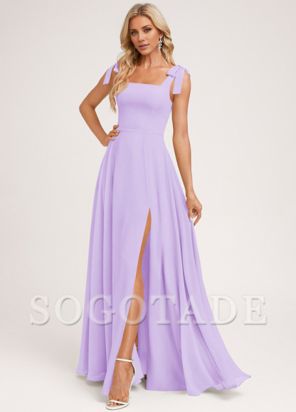 A-shaped square bow landing chiffon bridesmaid dress