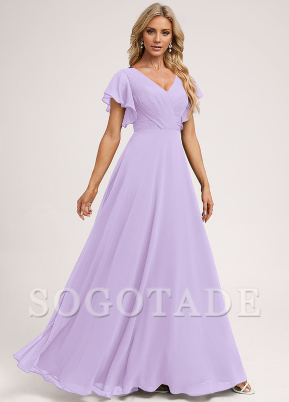 Ruffle A-line V-neck and floor chiffon bridesmaid dress