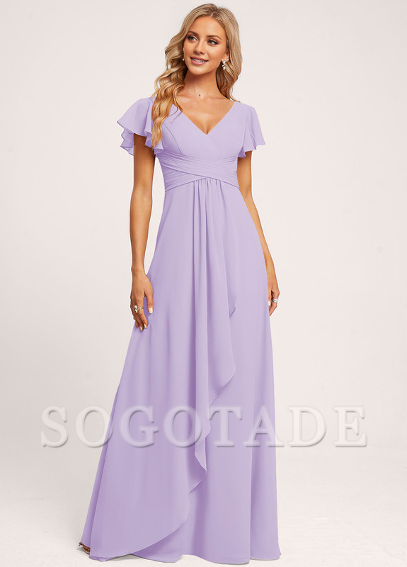 Ruffle A-line V-neck and floor chiffon bridesmaid dress