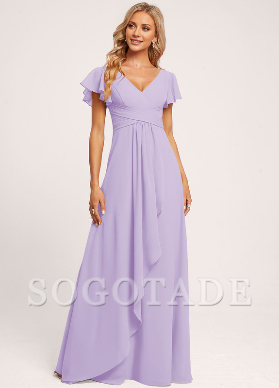 Ruffle A-line V-neck and floor chiffon bridesmaid dress