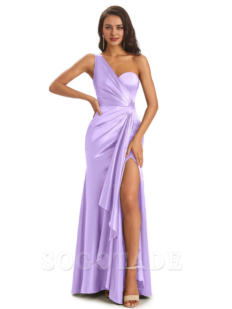 Elegant Soft Satin Side Slit One Shoulder Unique Mermaid Bridesmaid Dresses Online prom dresses shops