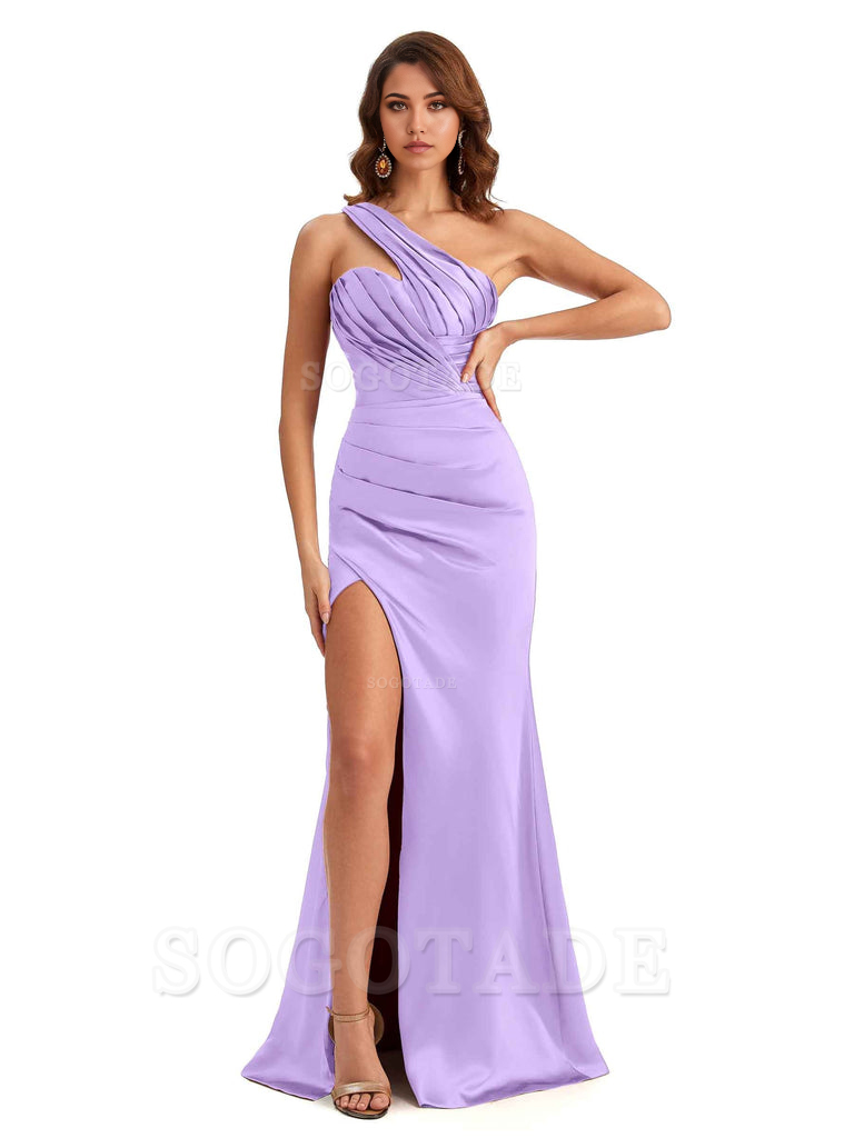 Sheath One shoulder Satin formal dresses evening gown Bridesmaid Dresses With Side Slit 