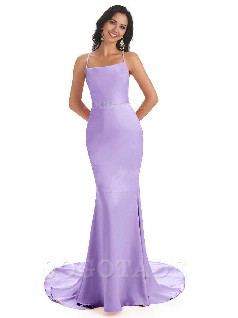Mermaid Spaghetti Backless Straps Satin Long formal dresses evening gown Bridesmaid Dresses