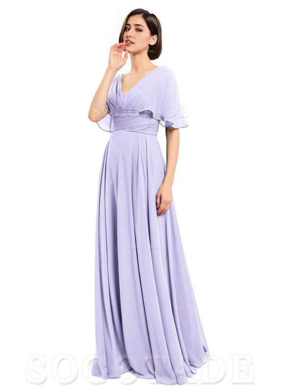  V-Neck Cap Sleeves Sleeves Chiffon Long Elegant Bridesmaid Dresses Formal Wear Dresses