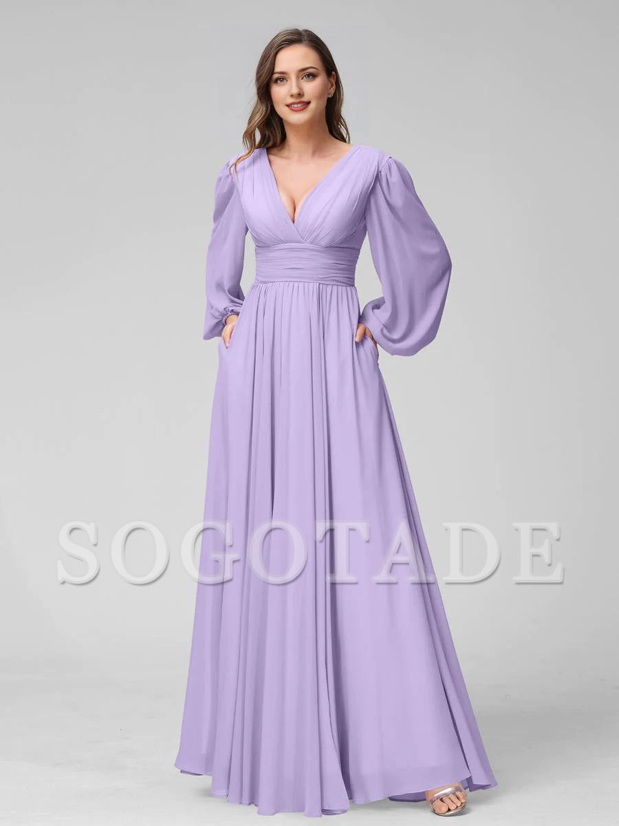 A-Line V-Neck Long Sleeves Long Chiffon Bridesmaid Dresses With Split Side Pockets