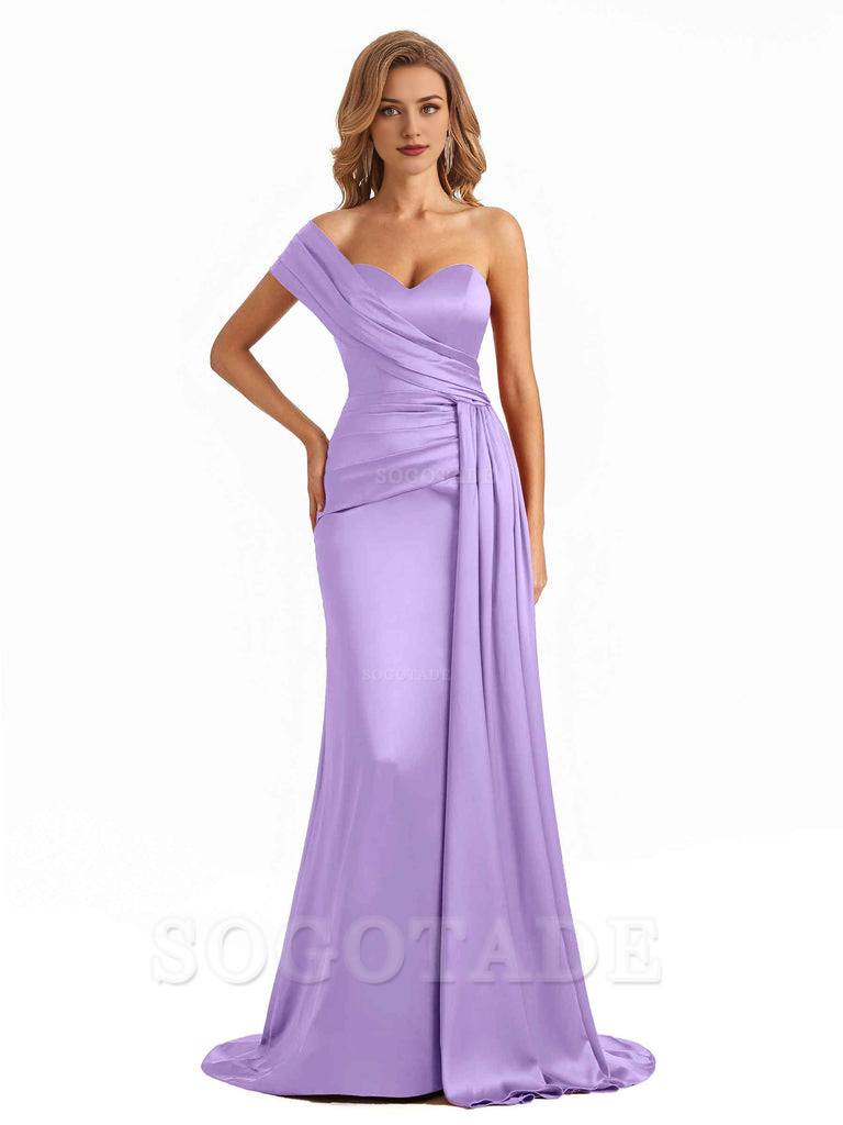 Elegant One Shoulder Soft Satin Long Mermaid Bridesmaid Dresses Online prom shop dresses ﻿